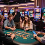 Exciting SC88 casino gaming scene with friends celebrating wins and engaging at a vibrant table.