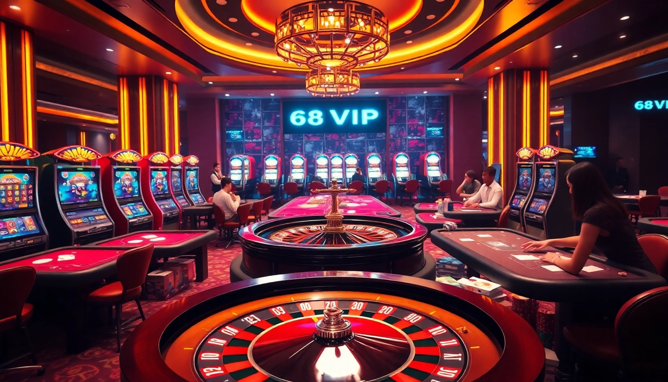 Experience the thrill of gambling at 68VIP with colorful casino tables and exciting slot machines.
