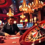 Nohu-inspired poker action in a luxurious casino setting, capturing the thrill of high-stakes gambling.