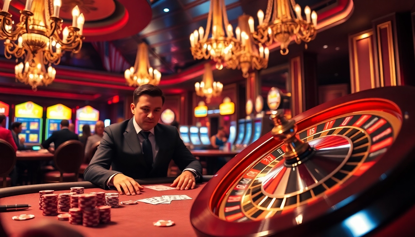 Nohu-inspired poker action in a luxurious casino setting, capturing the thrill of high-stakes gambling.