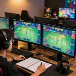 Engaging scene of Đá gà trực tiếp being streamed online, showcasing a user engrossed in the action with multiple high-definition screens.