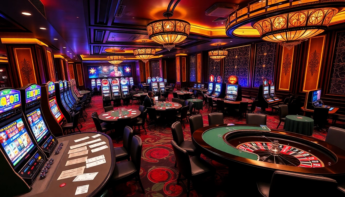 Players enjoying poker at SAO789 casino with vibrant slot machines and roulette tables.