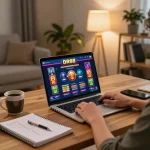 Player enjoying online gaming at DR88 on a laptop in a cozy home setup with warm lighting.