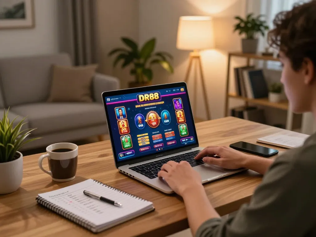 Player enjoying online gaming at DR88 on a laptop in a cozy home setup with warm lighting.