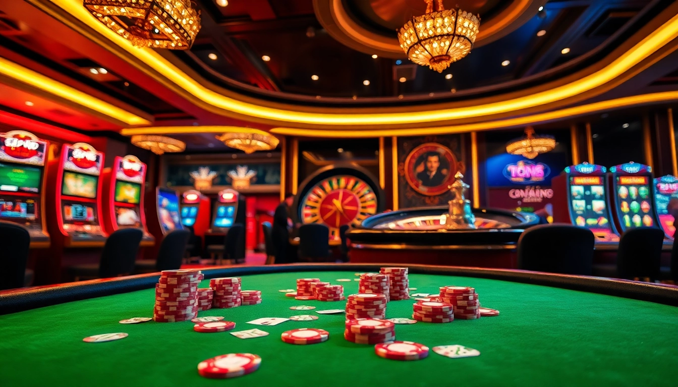 Experience thrilling gameplay with Ee88 in a luxurious casino setting featuring slot machines and poker tables.