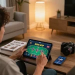Player engaging with online poker at RIKVIP on a tablet in a cozy living room atmosphere.