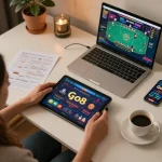 Engage with Go8 gaming on a tablet surrounded by strategy notes in a cozy home environment