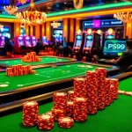 Experience the thrill of gaming at PS99 with vibrant casino elements like poker chips and slot machines.