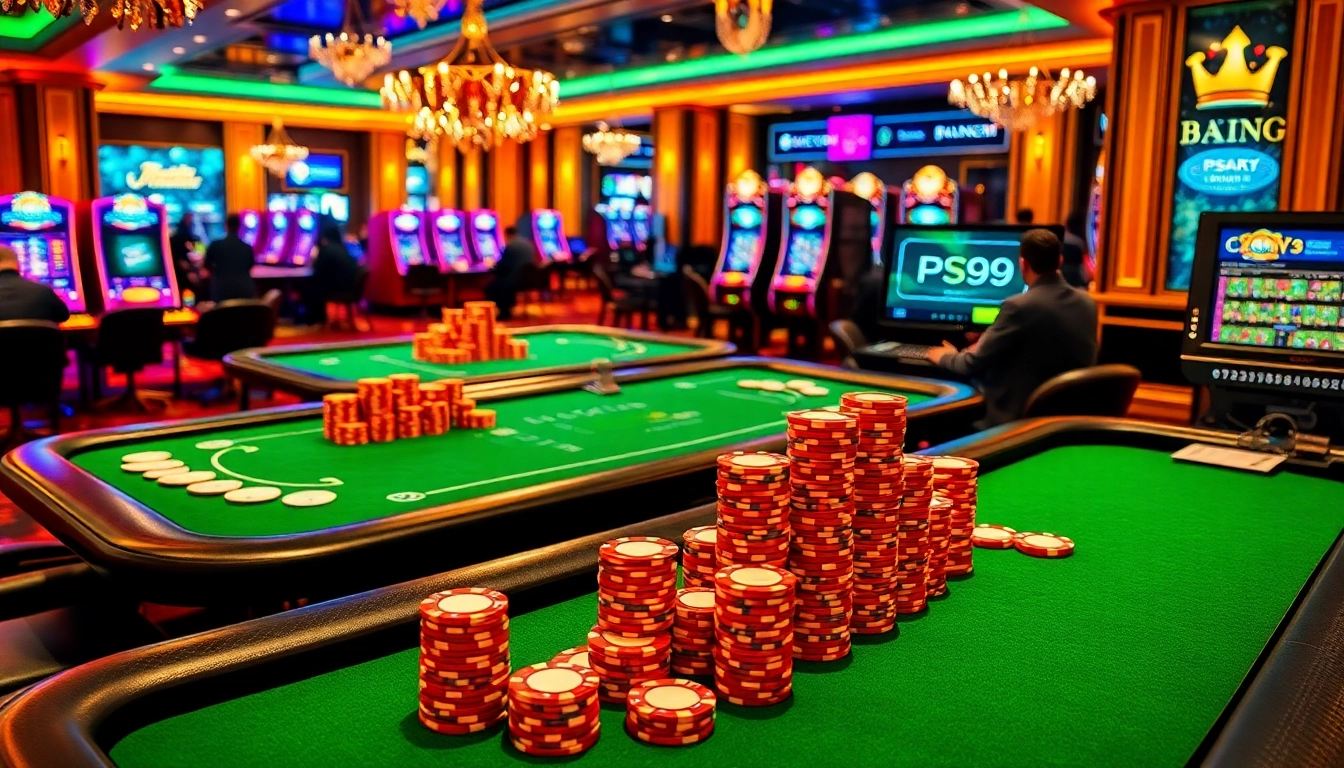 Experience the thrill of gaming at PS99 with vibrant casino elements like poker chips and slot machines.