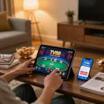 Player enjoying poker on TV88 mobile casino in a cozy home setting with snacks nearby.