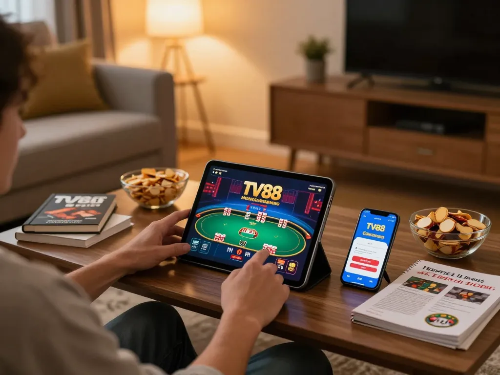 Player enjoying poker on TV88 mobile casino in a cozy home setting with snacks nearby.