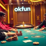 Engaged players at a luxurious Okfun casino table enjoying poker under exciting lights.