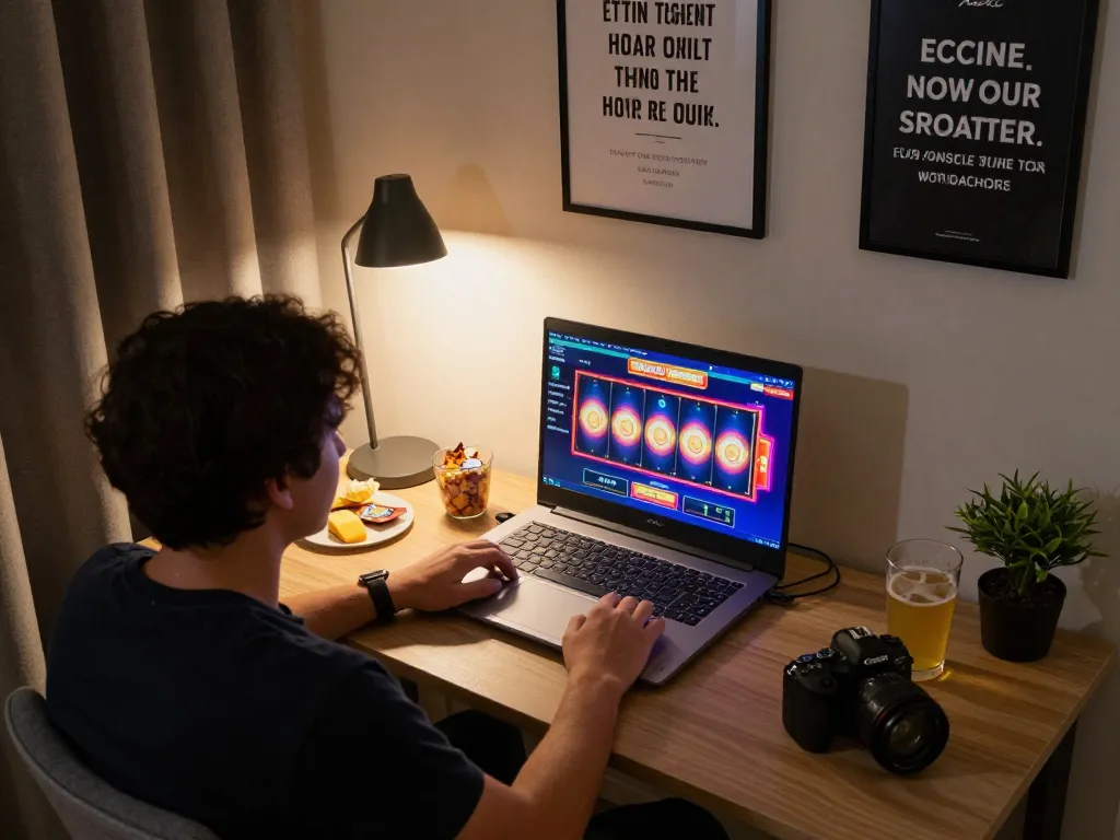 Engaging online slot gameplay on a laptop screen featuring vibrant situs slot graphics and responsible gaming reminders.