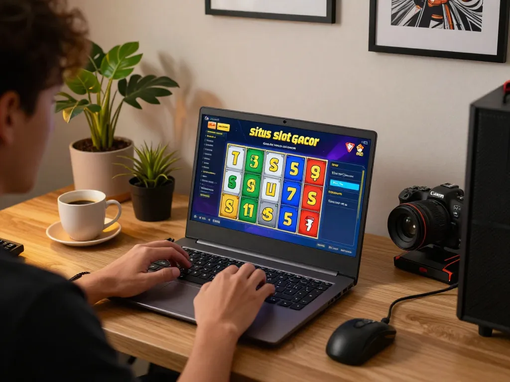 Engaging online slot gaming experience at home featuring situs slot gacor interface on the laptop