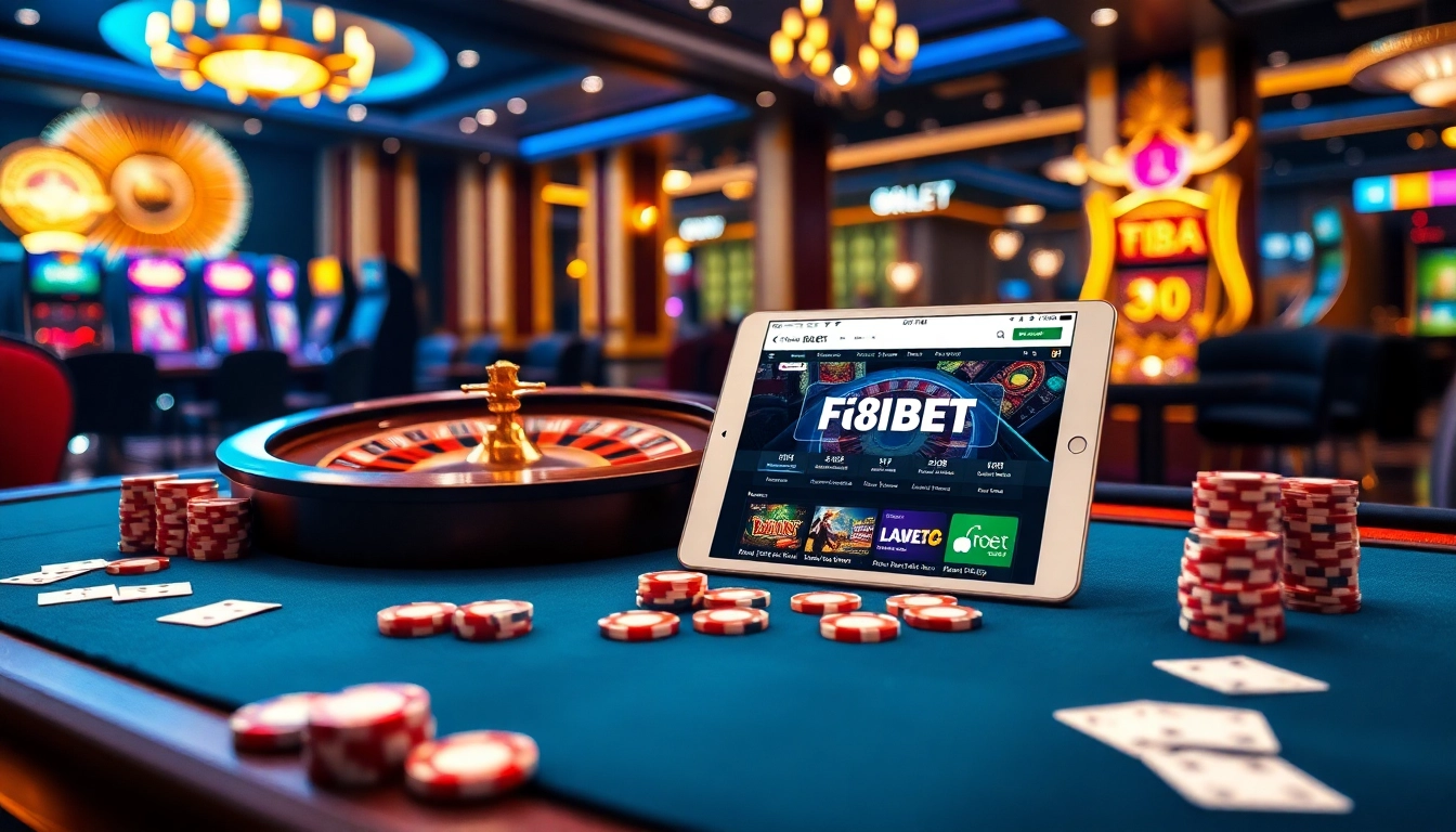 Experience high-stakes gaming at F8BET, featuring vibrant poker chips, roulette wheel, and online betting interface.