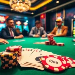 A lively poker game at iq88 casino with vibrant chips and cards showcasing a winning hand.