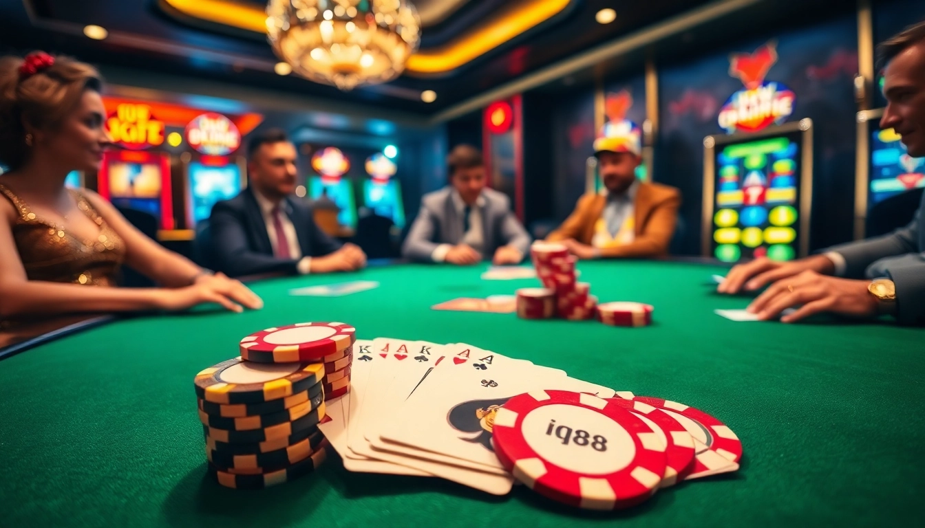 A lively poker game at iq88 casino with vibrant chips and cards showcasing a winning hand.