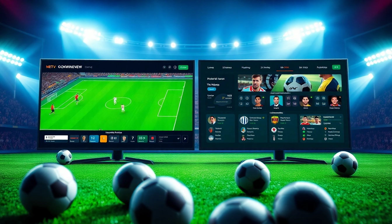 Exciting OKWINTV live football streaming scene with match graphics and scores