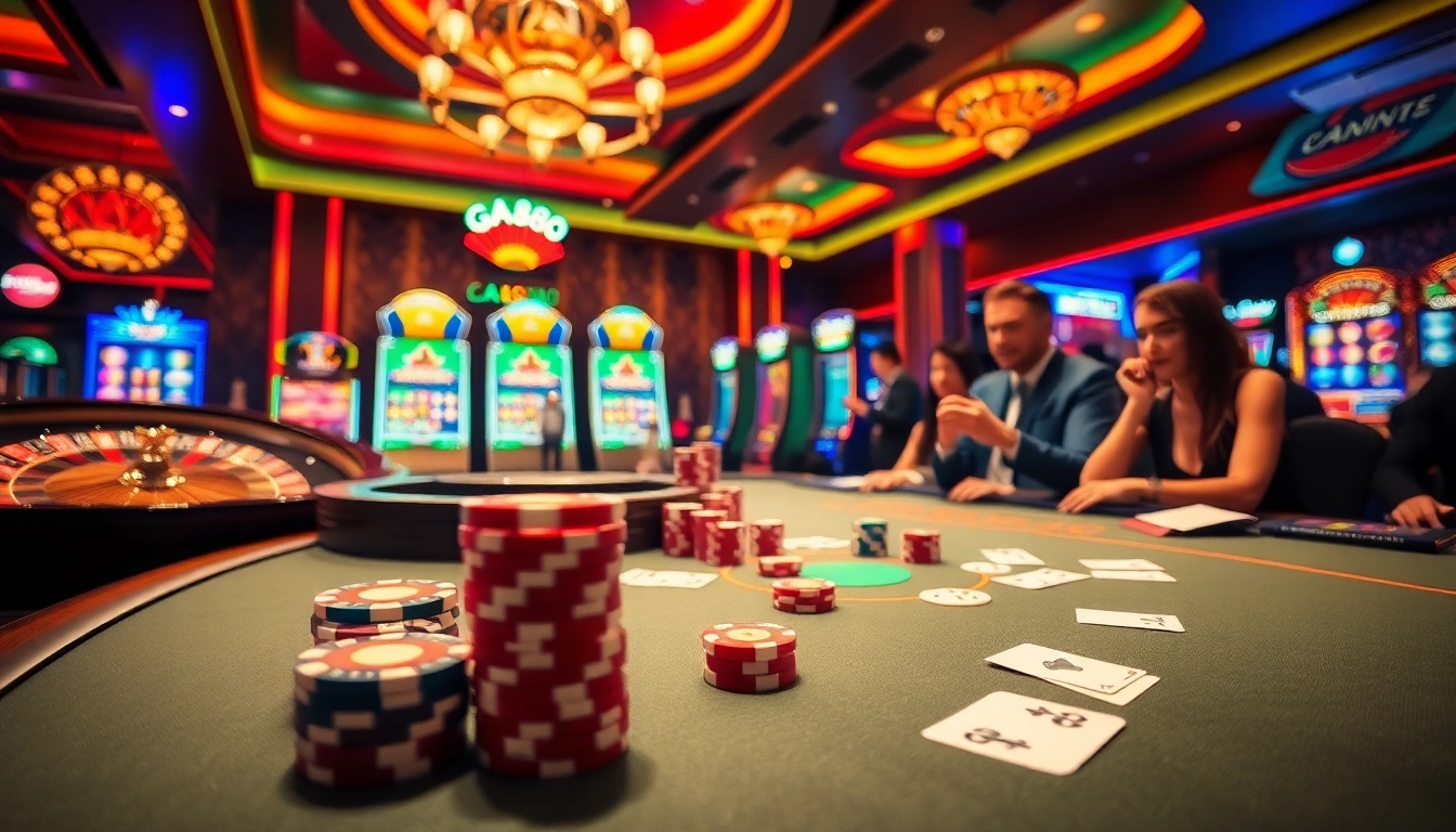 Players enjoying a thrilling game at GA888 casino with vibrant tables and slot machines.