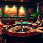 Nohu-themed casino scene showcasing a roulette table with vibrant players and colorful chips.