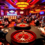 Experience the vibrant excitement of KP88's gaming floor with players engaging in poker and lively slot machines.