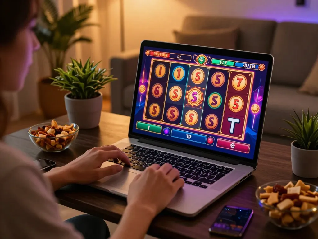 Pemain menikmati pengalaman mesin slot mejavip yang cerah di laptop, menampilkan permainan yang mendebarkan.