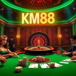 Experience the excitement of KM88 with players engaging at a luxurious poker table in a vibrant casino setting.