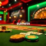 Experience the excitement of sunwin at a glamorous casino blackjack table with vibrant poker chips.