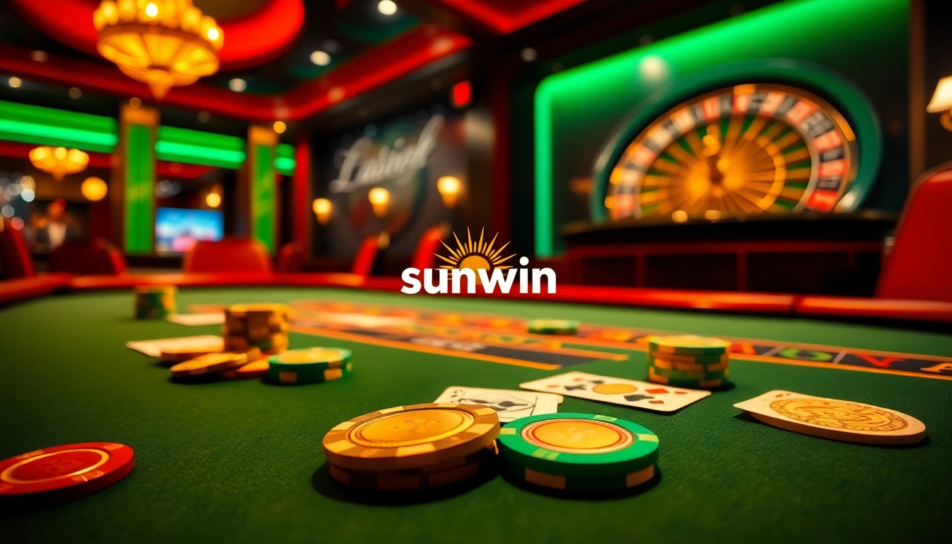 Experience the excitement of sunwin at a glamorous casino blackjack table with vibrant poker chips.