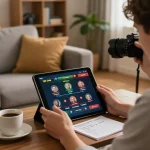 Player engaging with the 789 club app on a tablet in a cozy living room setting, showcasing online gambling excitement.