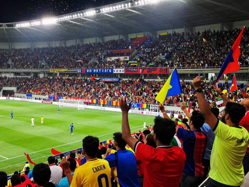 Cakhiatv fans cheering during a thrilling football match in a vibrant stadium atmosphere.