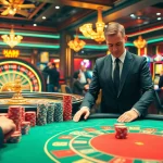 Exciting casino gaming scene at https://bem88.com with poker players, a roulette wheel, and slot machines.