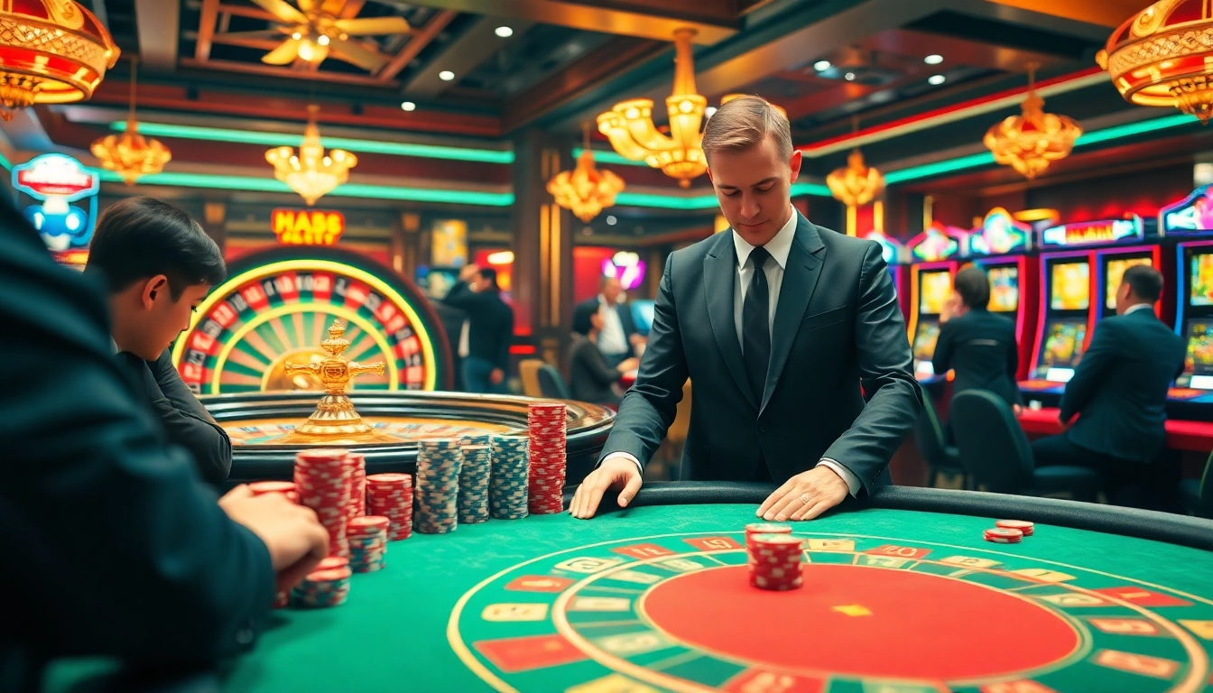 Exciting casino gaming scene at https://bem88.com with poker players, a roulette wheel, and slot machines.