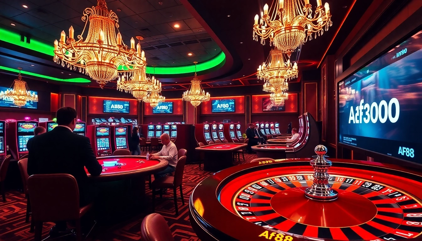 Gamblers enjoying a luxurious casino experience at Af88, featuring roulette and slot machines.