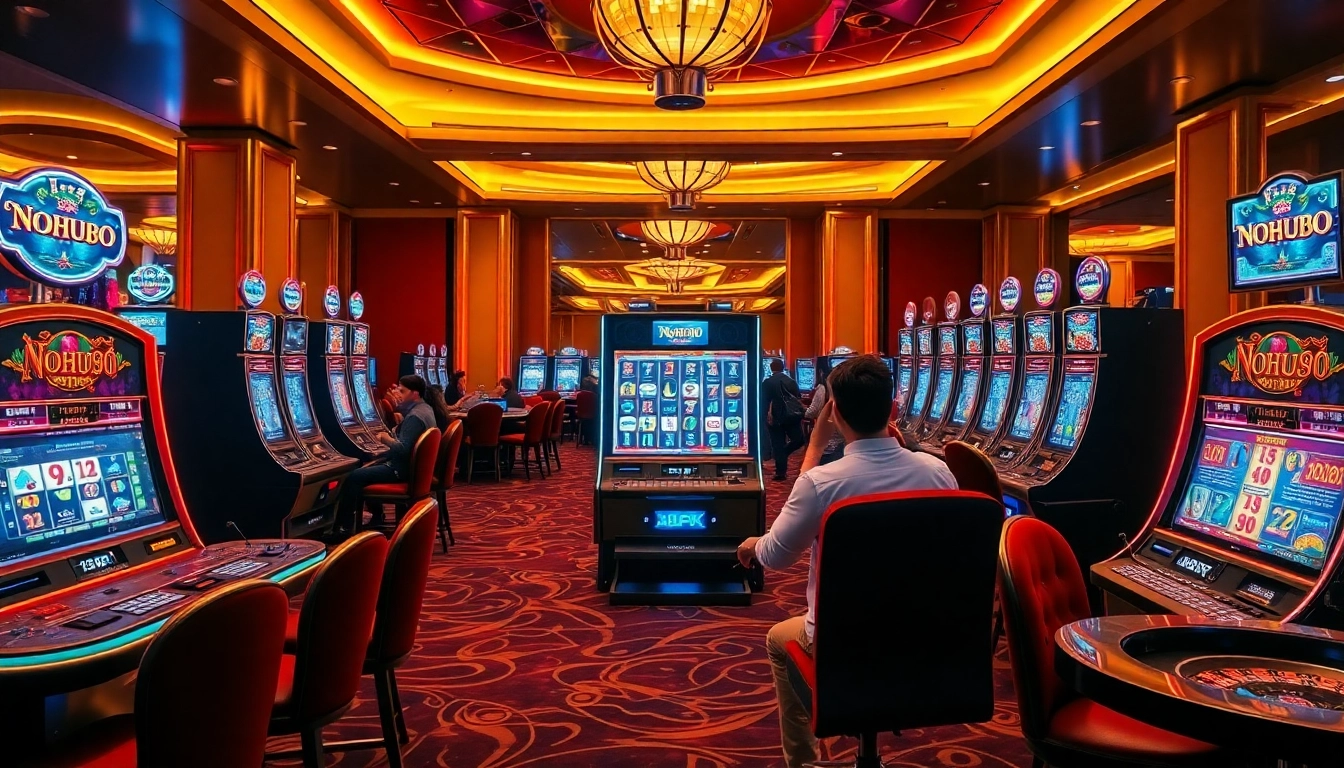 Engaging players spinning the reels of the nohu90 slot machine in a modern casino setting.