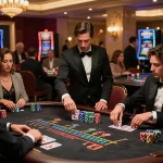 Players engage in an intense SC88 blackjack strategy at a luxurious casino table.