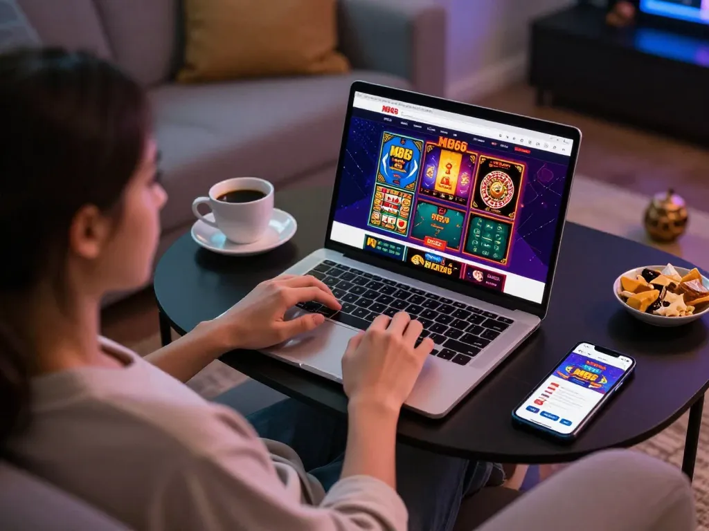 Player enjoying a thrilling session on MB66 online casino platform from home, focused on gaming strategies.