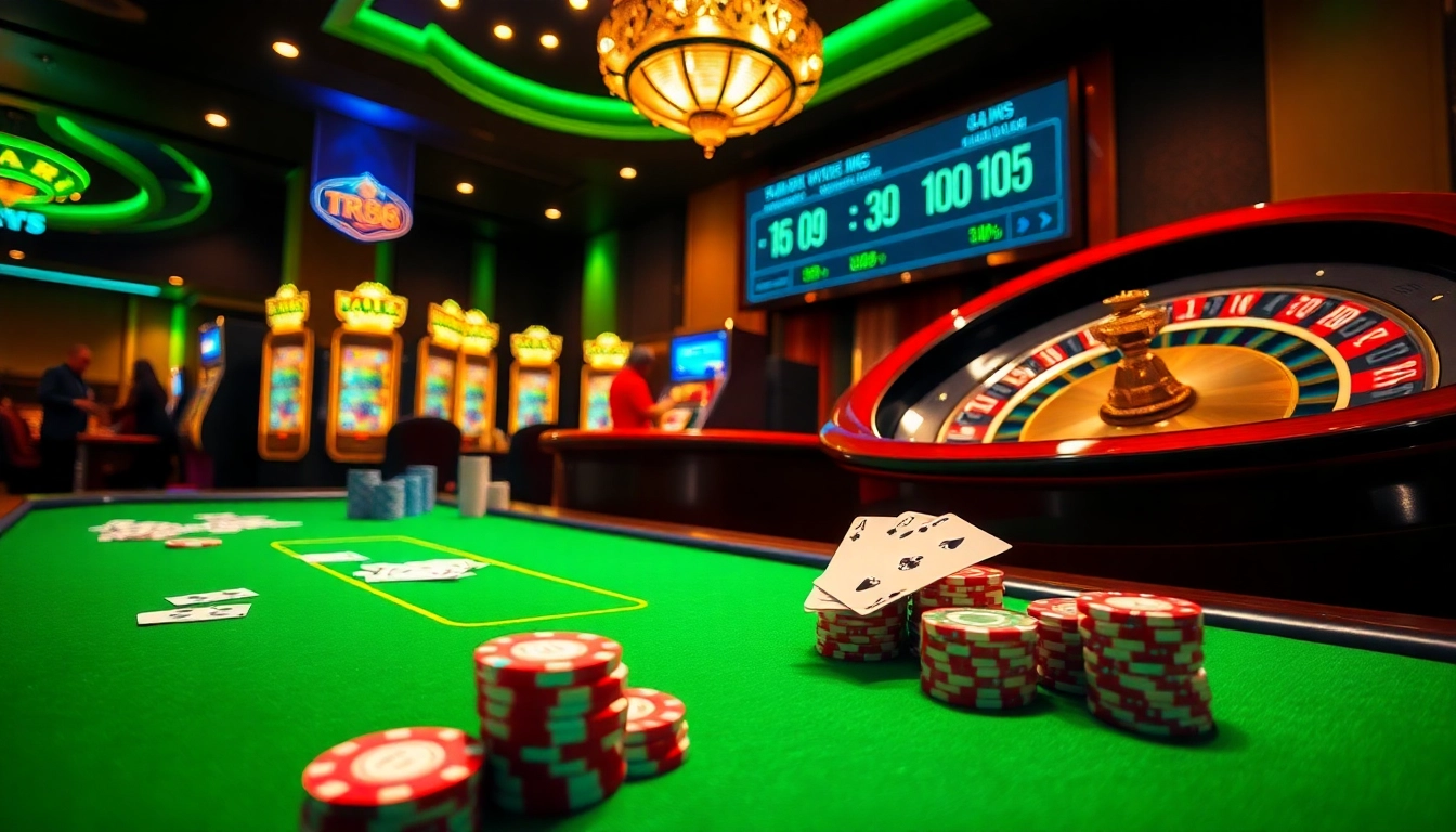 Engaging players at TR88 online casino with vibrant poker chips and a roulette wheel.