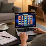 Player engaging with FCM99 online casino slot games on a laptop in a cozy home setting