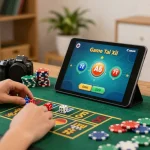 Play Game Tài Xỉu on a tablet in a comfortable home setting, showcasing dice and betting chips.