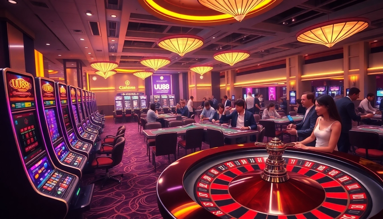 Players enjoying a vibrant uu88 casino atmosphere with modern slot machines and poker tables.