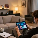 Fabet online gaming experience with a player using a tablet in a cozy home setup, emphasizing responsible gambling.