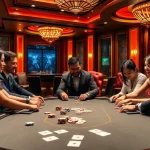 Players strategize at a luxurious poker table at https://8kbetbh.com/, surrounded by vibrant casino decor.