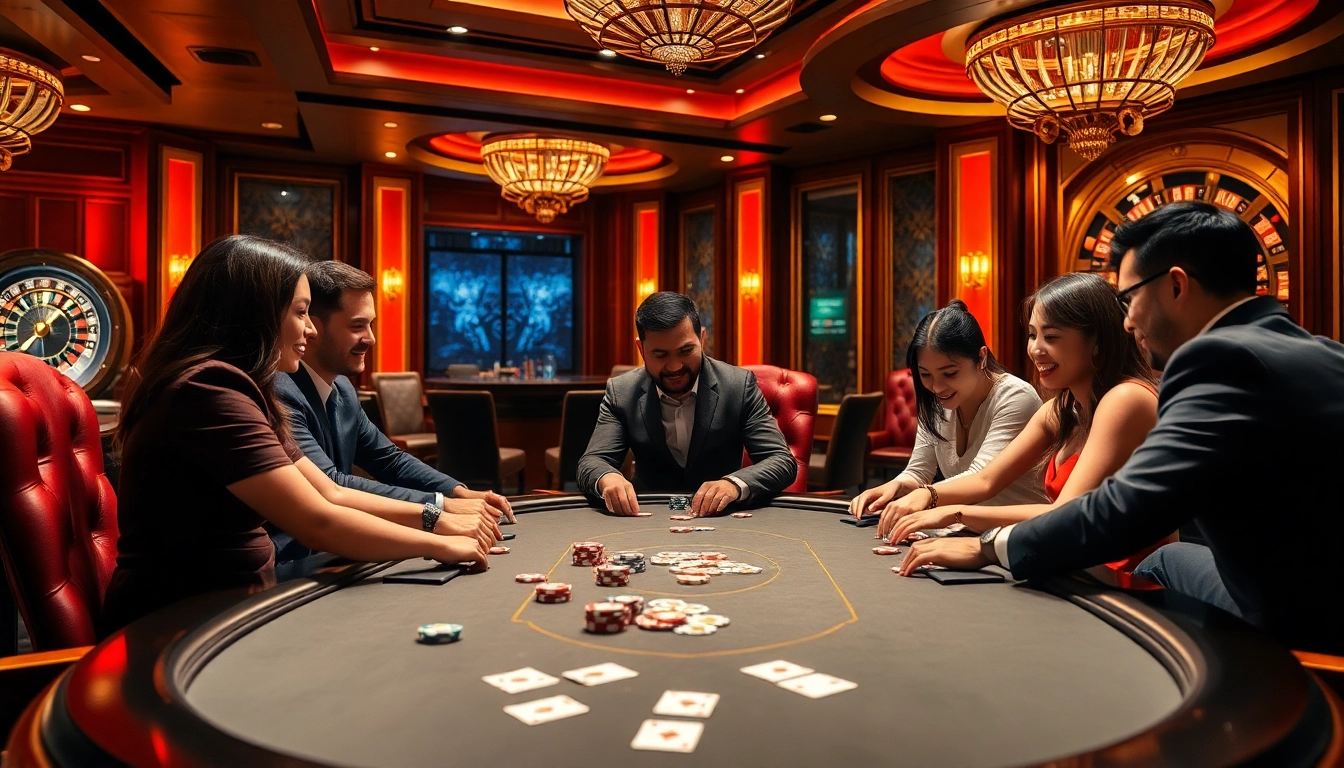 Players strategize at a luxurious poker table at https://8kbetbh.com/, surrounded by vibrant casino decor.
