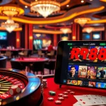 Experience the excitement of RR88 with vibrant poker chips and roulette wheels in a luxurious casino setting.