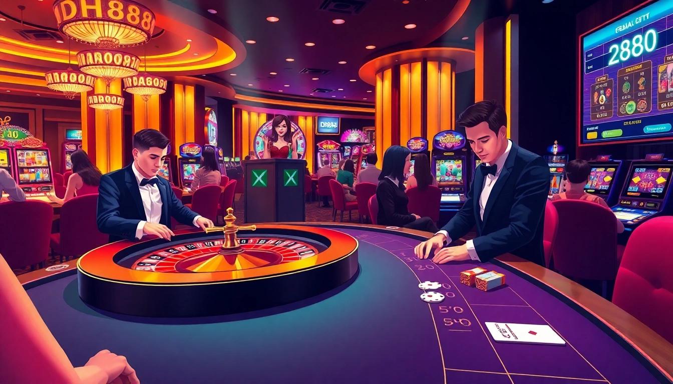 Players enjoying an exciting game of roulette and blackjack at DH88 casino, showcasing vibrant colors and luxurious atmosphere.