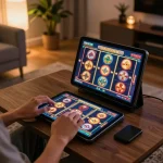 SKY88 online slot gaming in a cozy modern home with vibrant visuals and tablet interface.