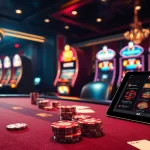 Experience the thrill of kuwin in a luxury casino setting with poker chips, cards, and vibrant slot machines.