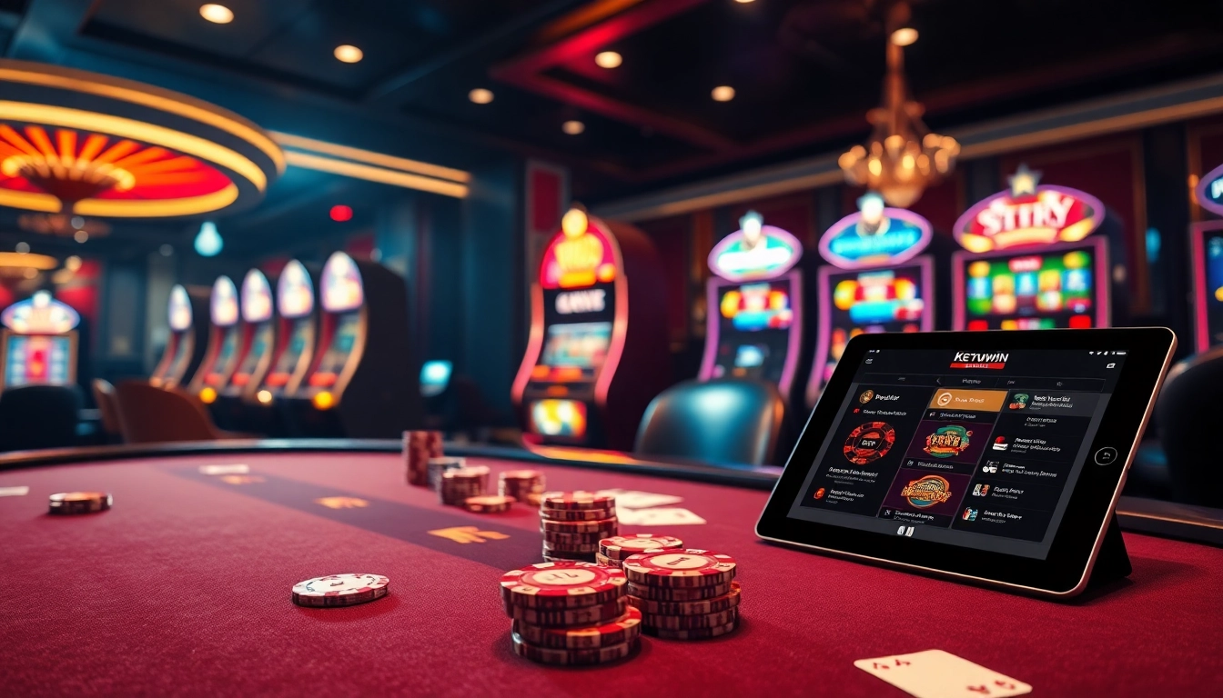 Experience the thrill of kuwin in a luxury casino setting with poker chips, cards, and vibrant slot machines.
