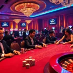 Excited gamblers at KJC casino poker table, surrounded by glamorous slot machines.